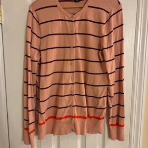 Lands End Women's Tall 100% Supima Cotton Peach Striped Cardigan Sweater Size LT